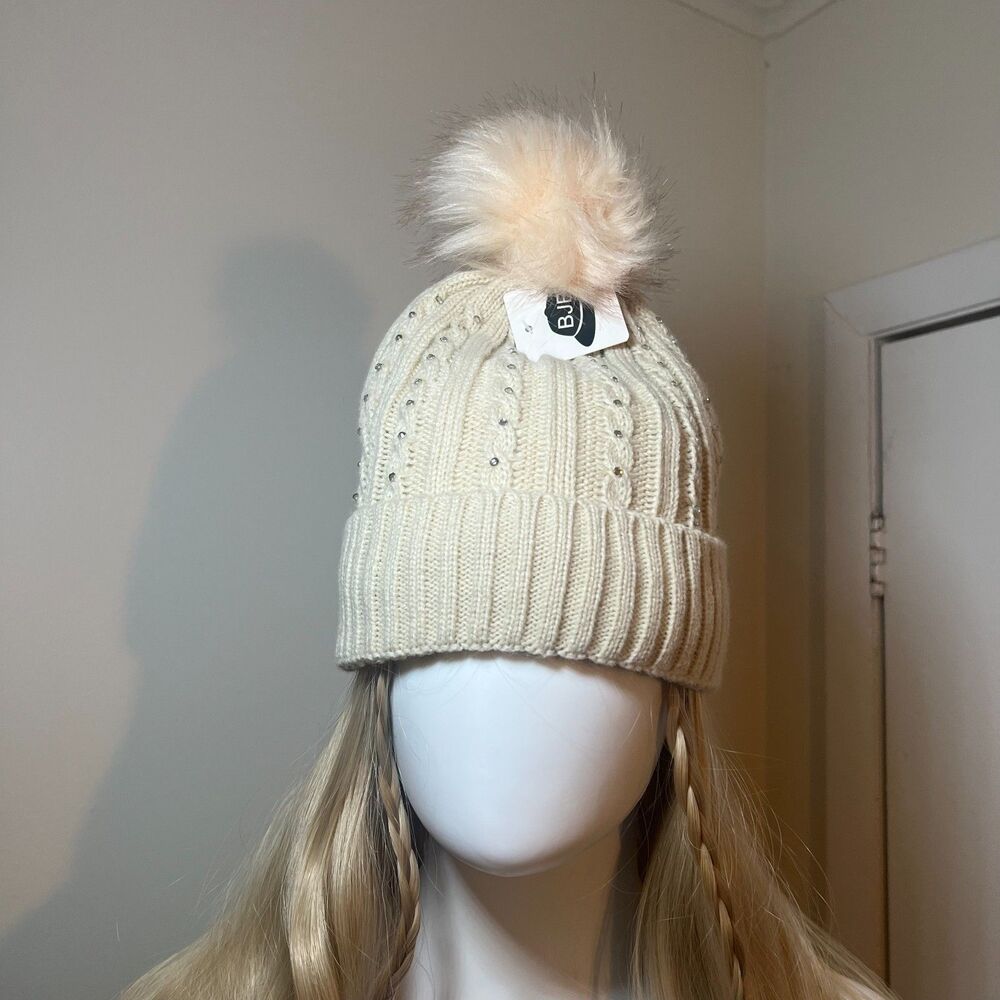 Vintage Y2K Deadstock Rhinestone Bedazzled Pom-Pom Beanie Mcbling 2000s Ski Prep